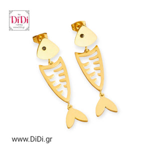 Ατσάλινα σκουλαρίκια καρφάκι με ψάρια, σε κίτρινο χρυσό 2003249