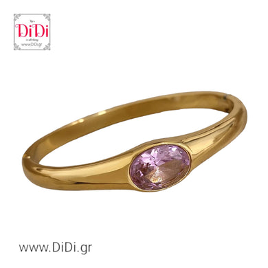 Βραχιόλι ατσάλινο, σταθερή βέργα 61mm με κούμπωμα, με ροζ πέτρα στρας, σε κίτρινο χρυσό 28062448