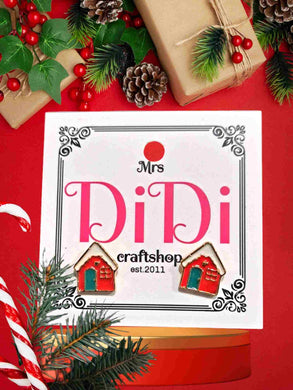 Σκουλαρίκια Χριστουγεννιάτικα σπιτάκια με σμάλτο, σε κίτρινο χρυσό, 0212242