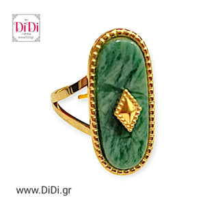 Ατσάλινο δαχτυλίδι με ημιπολύτιμη πράσινη πέτρα, ανοιγόμενο, σε κίτρινο χρυσό 2302246