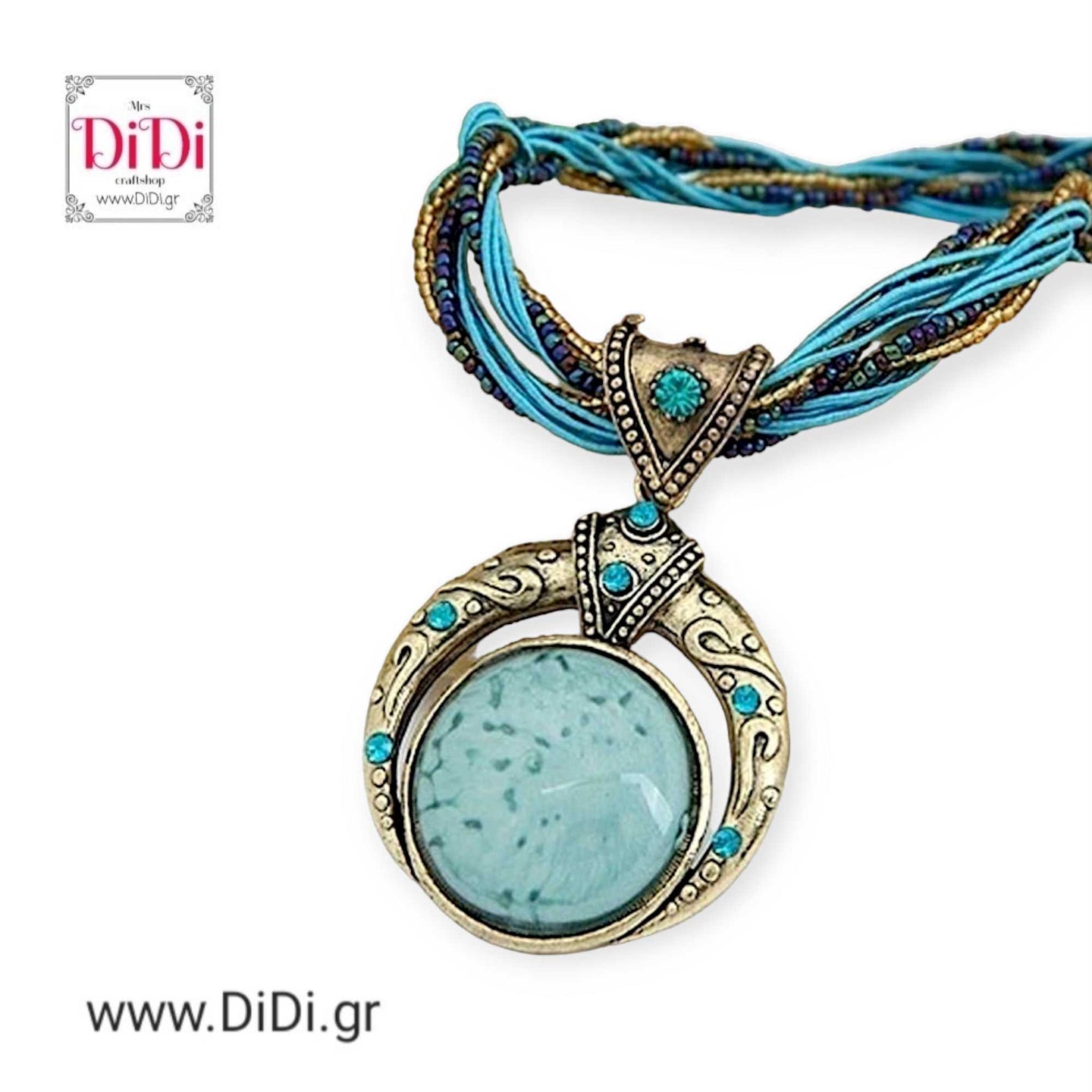 Κολιέ κοντό με χάντρες και στρογγυλό στοιχείο, γαλάζιο, 2207244