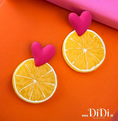 Σκουλαρίκια καρδιές κρεμαστά με φέτα πορτοκάλι, χειροποίητα 1204241