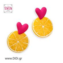 Φόρτωσε την φωτογραφία στο Gallery viewer, Σκουλαρίκια καρδιές κρεμαστά με φέτα πορτοκάλι, χειροποίητα 1204241