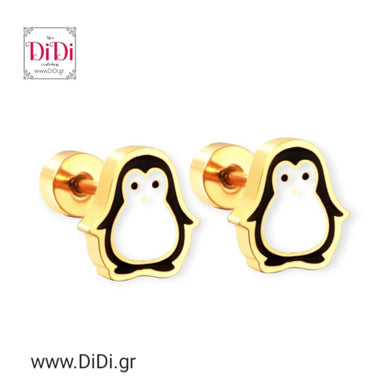 Σκουλαρίκια ατσάλινα, πιγκουίνος με σμάλτο, σε κίτρινο χρυσό, 13042413