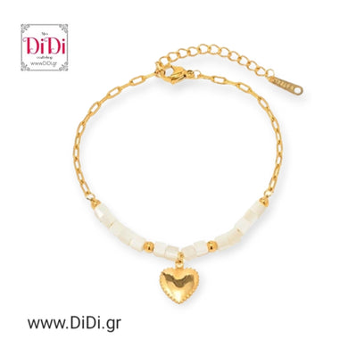 Ατσάλινο βραχιόλι αλυσίδα με στοιχείο καρδιά και χάντρες φίλντισι, σε χρυσαφί 13032410