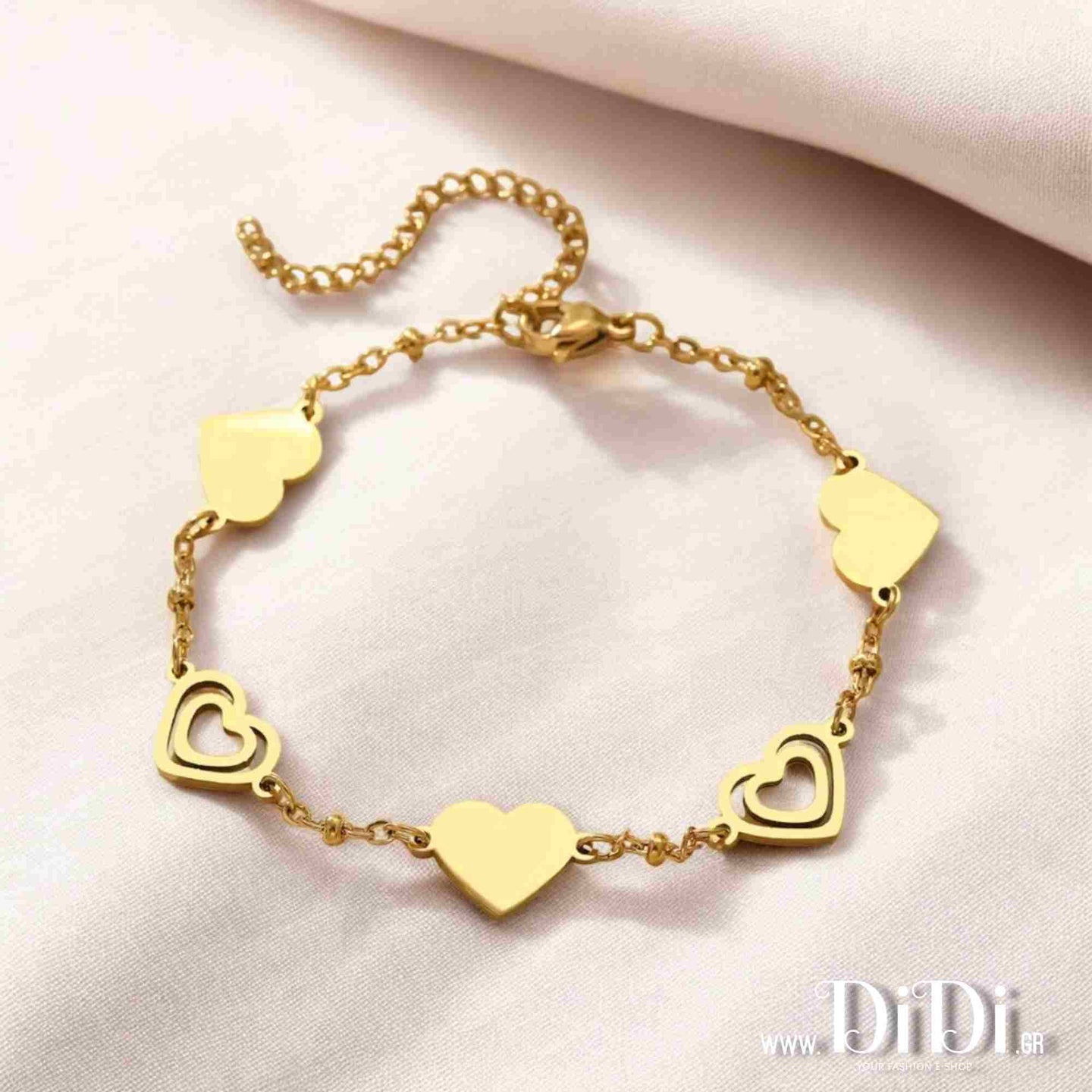 Ατσάλινο βραχιόλι αλυσίδα καρδιές, σε κίτρινο χρυσό 3110243G