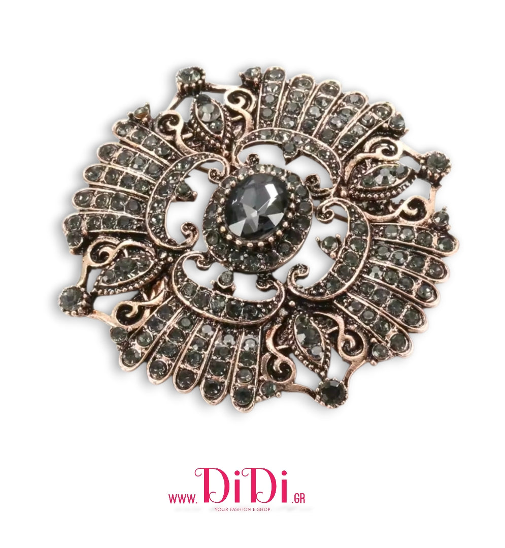 Καρφίτσα Καμέο (Cameo) ρετρό, μπρονζέ με ανθρακί στρας, ακριλικές πέτρες, 2910253