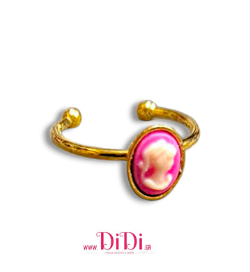 Δαχτυλίδι ατσάλινο καμέο micro 6mm x 8mm, ματζέντα με λευκό γυναικείο πρόσωπο, κίτρινο χρυσό, 0611258