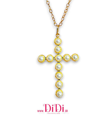 Σταυρός ατσάλινος, με λευκή πέρλα, σε κίτρινο χρυσό, 2211251