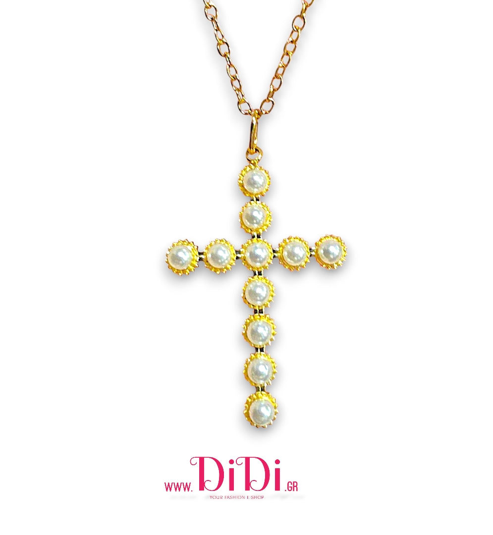 Σταυρός ατσάλινος, με λευκή πέρλα, σε κίτρινο χρυσό, 2211251