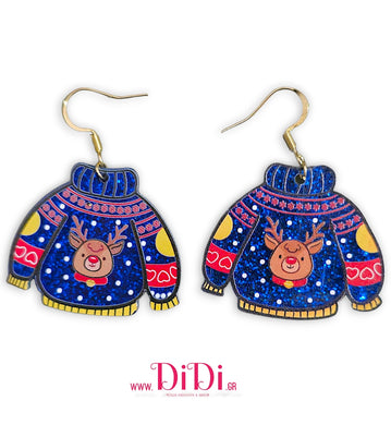 Σκουλαρίκια ατσάλινα Χριστουγεννιάτικα μπλουζάκια, μπλε μεγάλα, 1211253