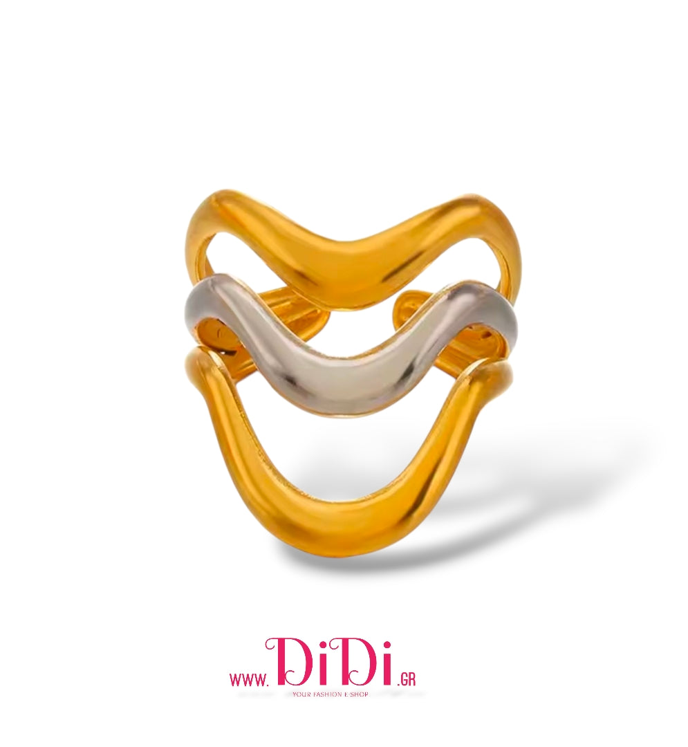 Δαχτυλίδι ατσάλινο ακανόνιστο σχέδιο, σε ασημί - κίτρινο χρυσό, 3108257B