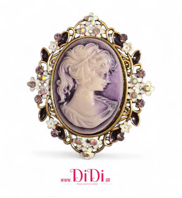 Καρφίτσα Καμέο (Cameo) ρετρό, μπρονζέ με μοβ πέτρες, 2411255