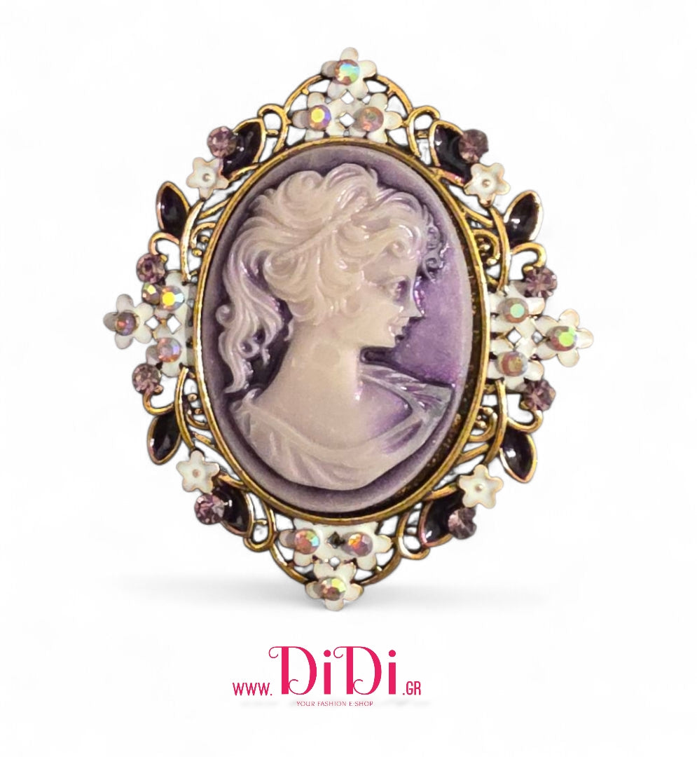 Καρφίτσα Καμέο (Cameo) ρετρό, μπρονζέ με μοβ πέτρες, 2411255