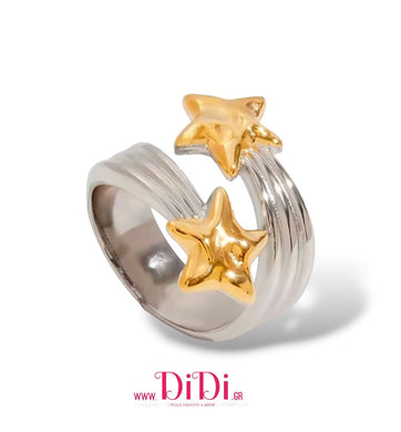 Δαχτυλίδι ατσάλινο σχέδιο αστέρι, σε ασημί - κίτρινο χρυσό, 3010253B