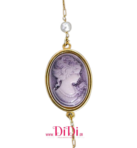 Βραχιόλι ατσάλινο Cameo μοβ 18mm x 25mm, με πέρλες, 1111258