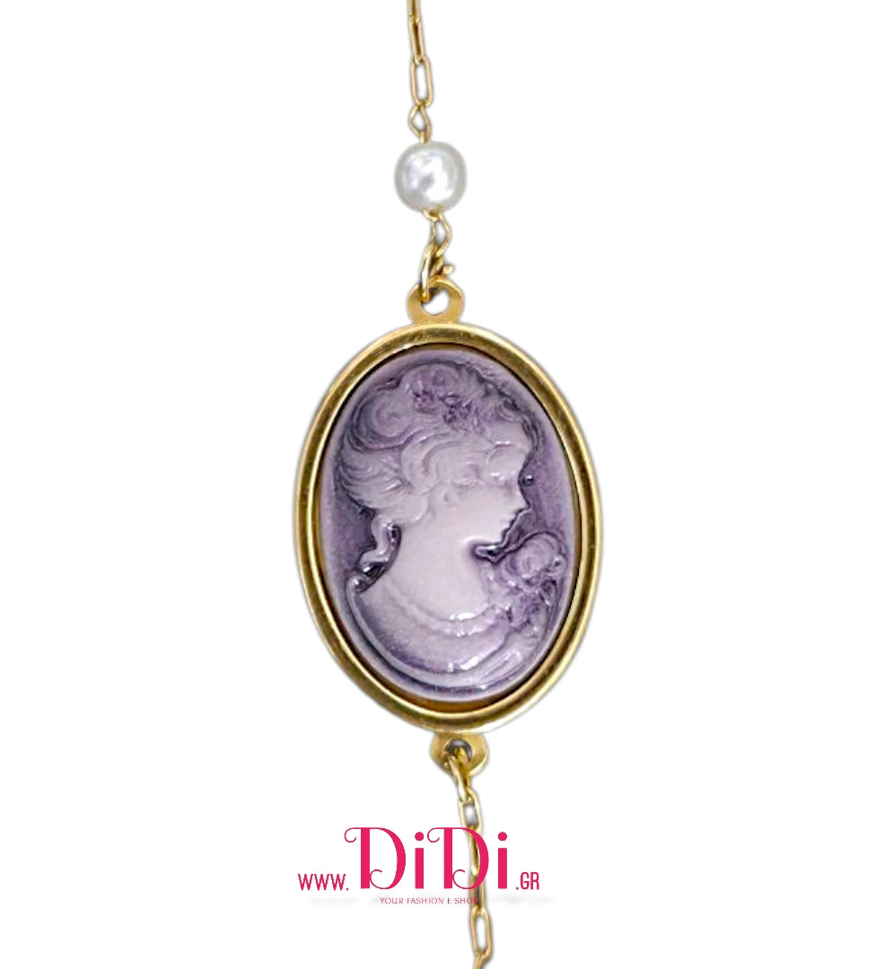 Βραχιόλι ατσάλινο Cameo μοβ 18mm x 25mm, με πέρλες, 1111258