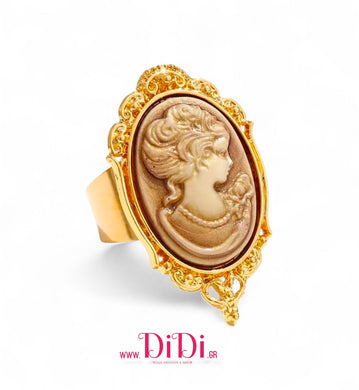 Δαχτυλίδι ατσάλινο καμέο 18mm x 25mm, μπεζ, κίτρινο χρυσό, 2411253