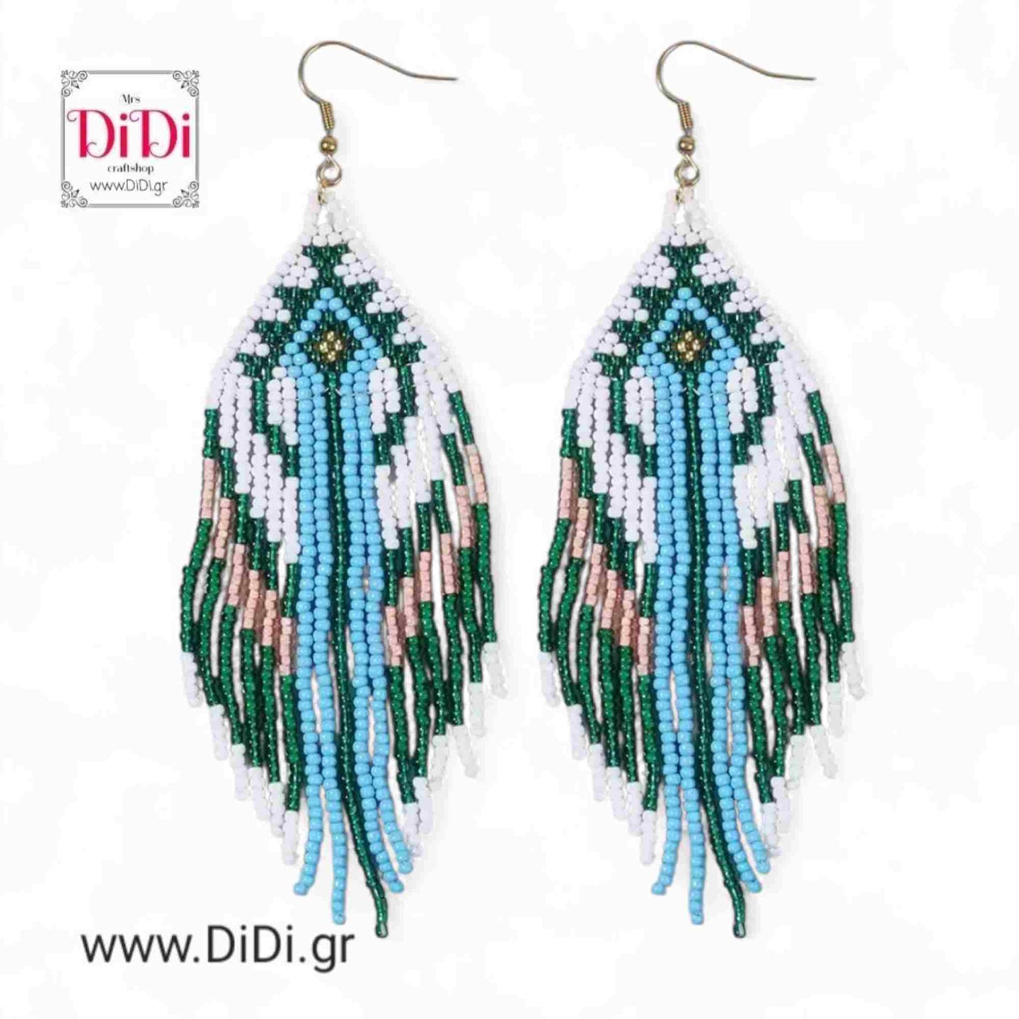 Σκουλαρίκια Boho μεγάλα, χάντρα γυαλί Miyuki, γαλάζιο - λαδί, 2606251