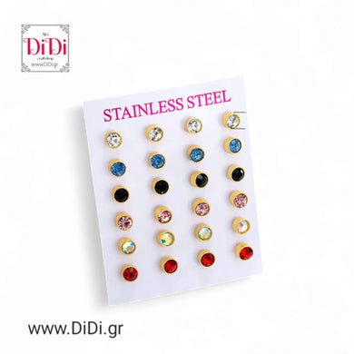 Σκουλαρίκια ατσάλινα strass 6mm, διάφορα χρώματα, σε στρογγυλό καστόνι, σε κίτρινο χρυσό, 1305258