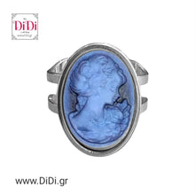 Φόρτωσε την φωτογραφία στο Gallery viewer, Δαχτυλίδι ατσάλινο καμέο 13mm x 18mm, μπλε φιγούρα, ασημί, 0502262S