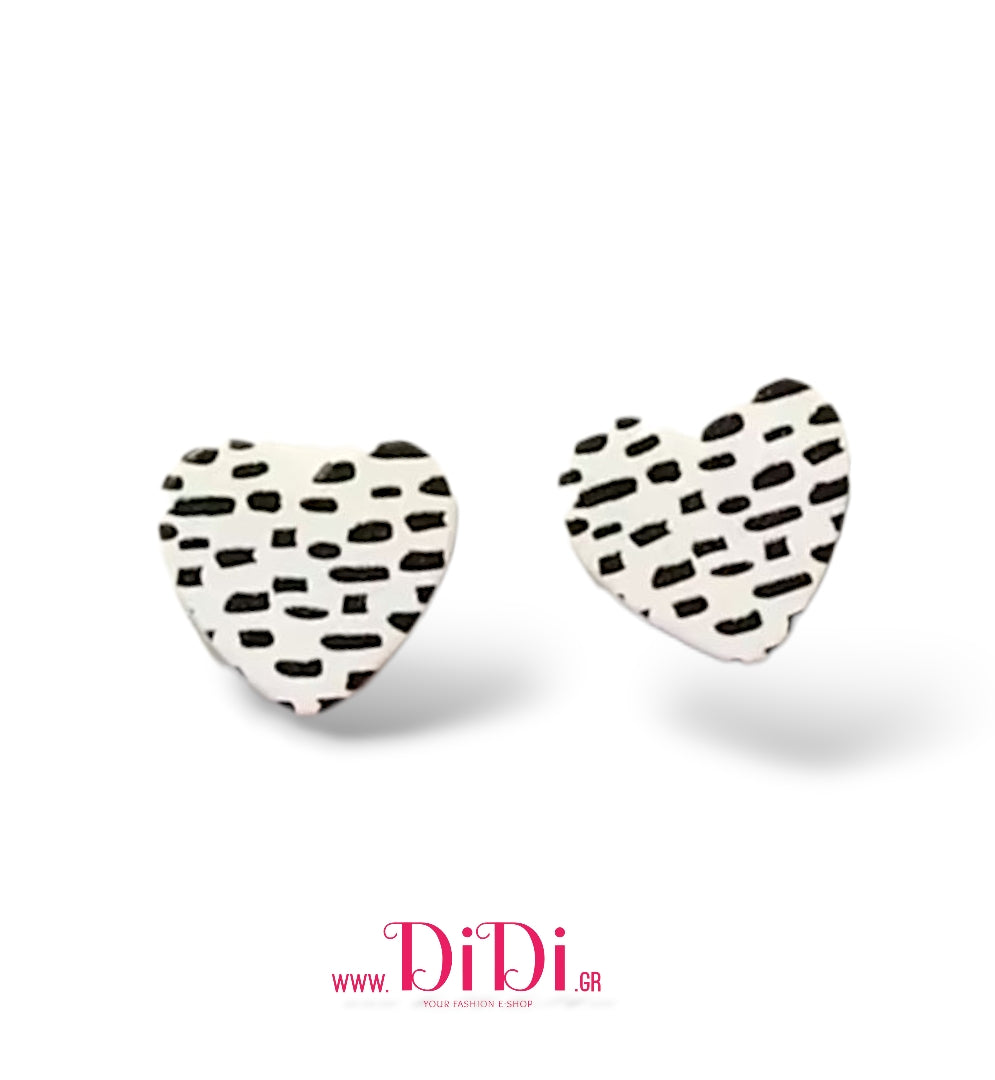 Σκουλαρίκια καρφάκι, καρδιές ακριλικές, σχέδιο ασπρόμαυρο, 30102512