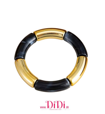 Βραχιόλι ελαστικό με ακριλικές χάντρες, μαύρο - χρυσό, 1610259