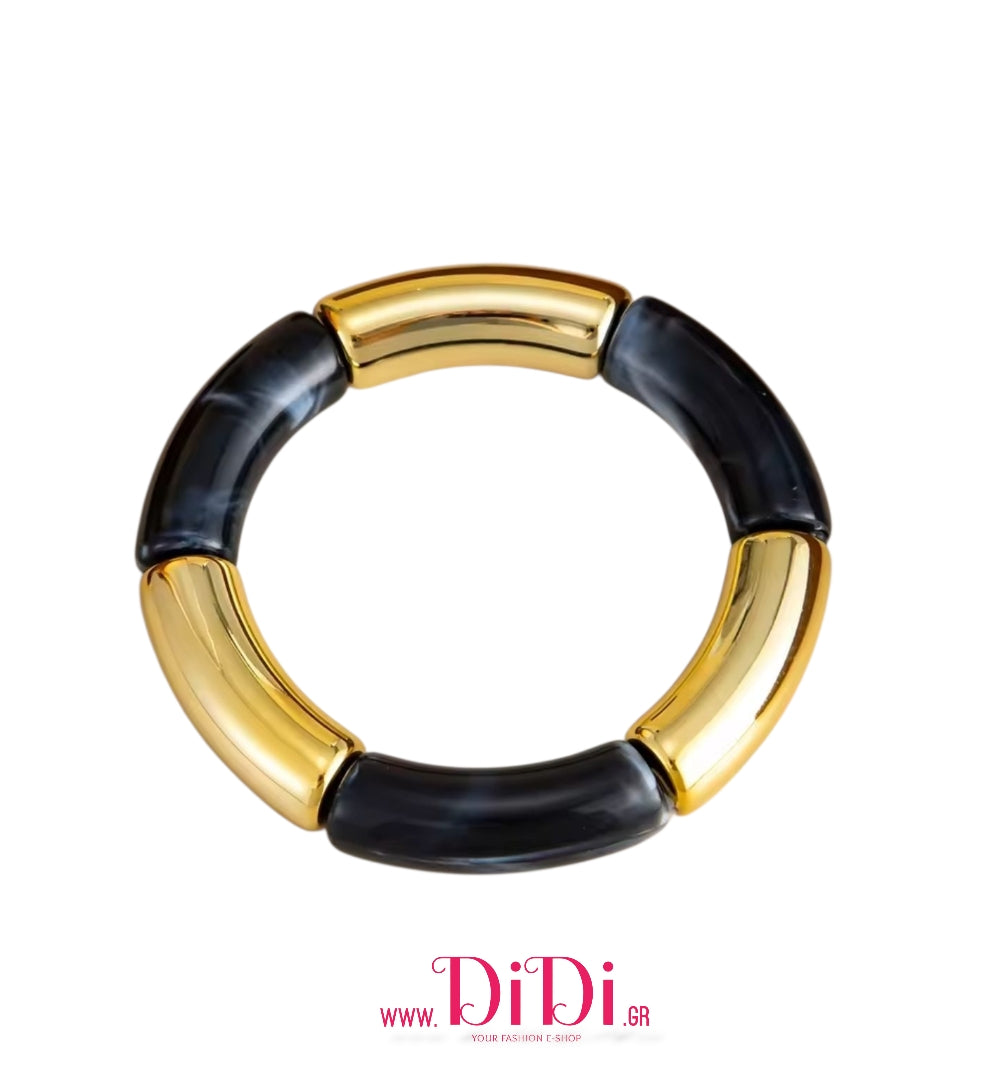 Βραχιόλι ελαστικό με ακριλικές χάντρες, μαύρο - χρυσό, 1610259