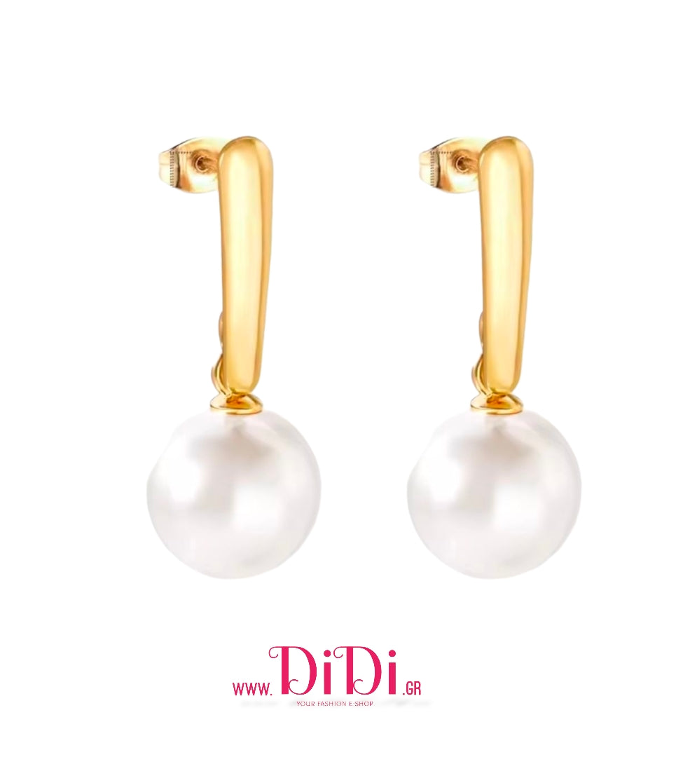 Σκουλαρίκια ατσάλινα καρφωτά κρεμαστά με πέρλα, κίτρινο χρυσό, 20112529