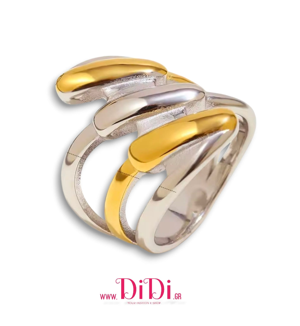 Ατσάλινο δαχτυλίδι μεγάλο, δίχρωμο ασημί - χρυσό, 1911254