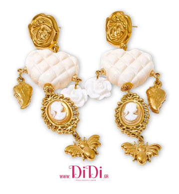 Σκουλαρίκια ατσάλινα καμέο (Cameo) λευκό, κίτρινο χρυσό, 2111258