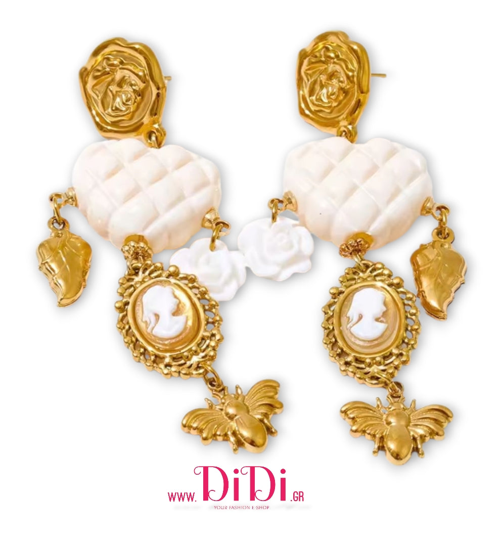 Σκουλαρίκια ατσάλινα καμέο (Cameo) λευκό, κίτρινο χρυσό, 2111258