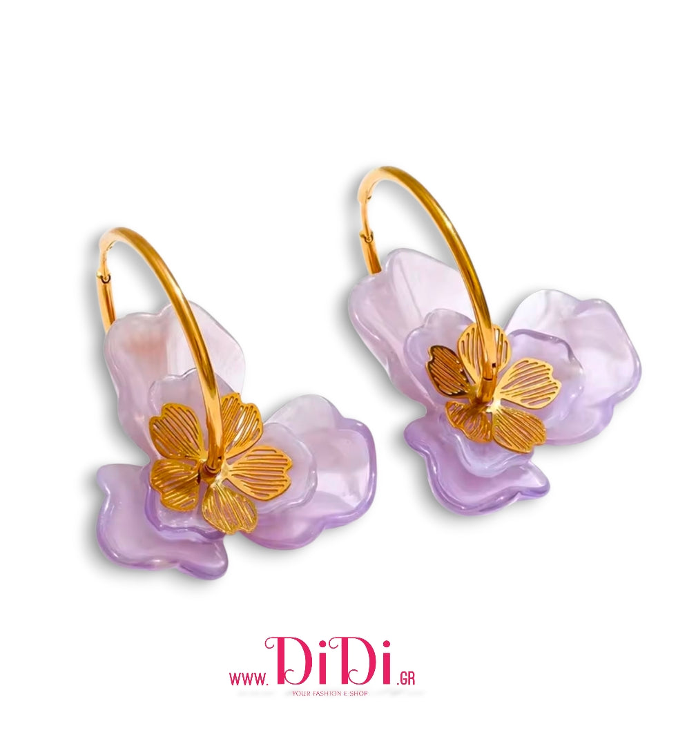 Σκουλαρίκια κρίκοι, με ακριλικά λουλούδια, λιλά, 0411254