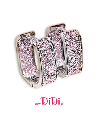 Σκουλαρίκια κρίκοι ατσάλινοι 1,6cm οβάλ με καρφωτά ροζ στρας, ασημί, 2910258SR