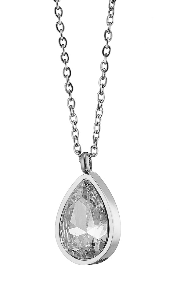 Ατσάλινο κολιέ δάκρυ, λευκό ζιργκόν, σε ασημί, 0611253S