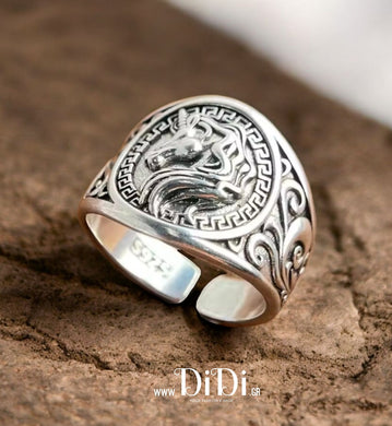 Δαχτυλίδι αντρικό ασήμι 925, αντικέ με σχέδιο άλογο, 2411259