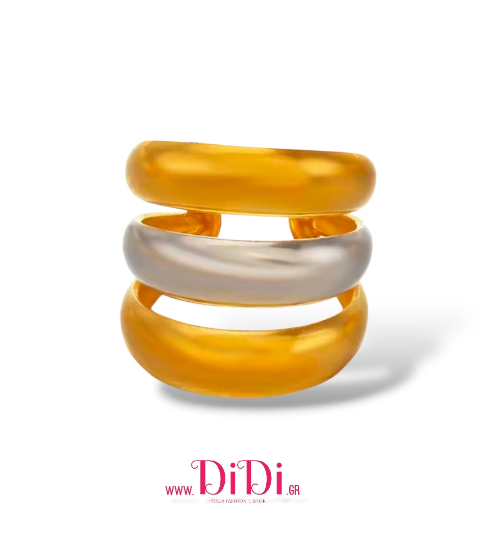 Δαχτυλίδι ατσάλινο ακανόνιστο σχέδιο, σε ασημί - κίτρινο χρυσό, 3010252B