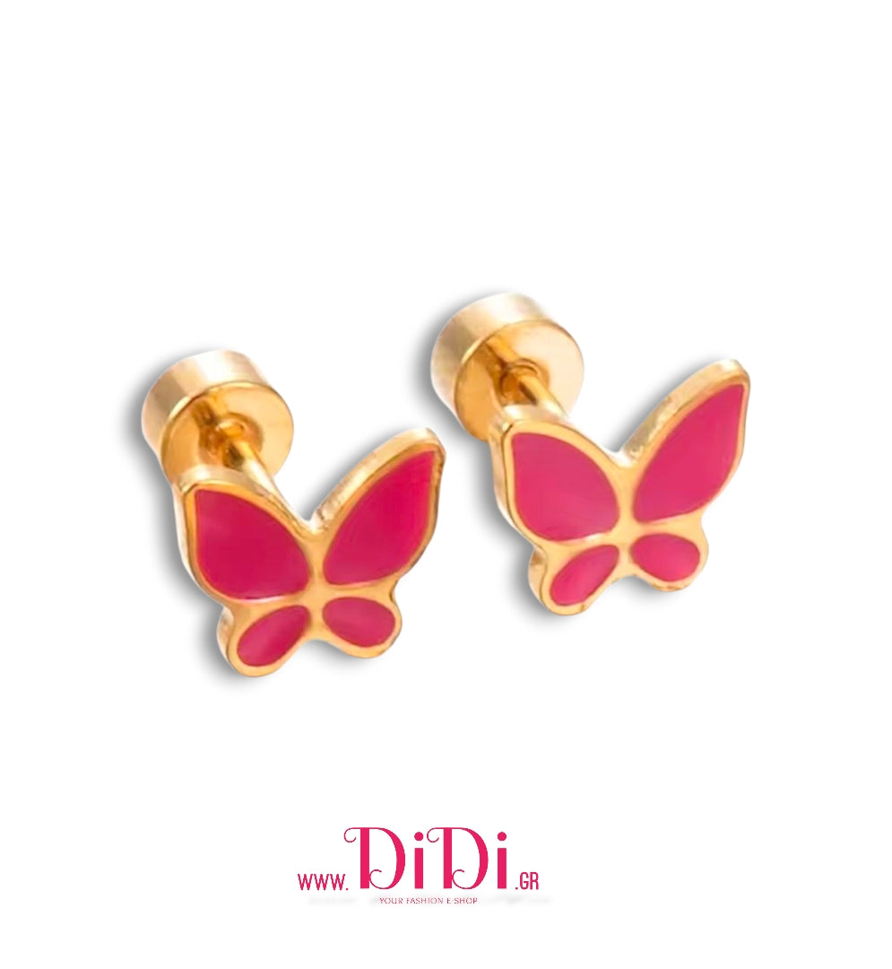 Σκουλαρίκια ατσάλινα βιδωτά, πεταλούδες με φούξια σμάλτο, σε κίτρινο χρυσό, 0511252