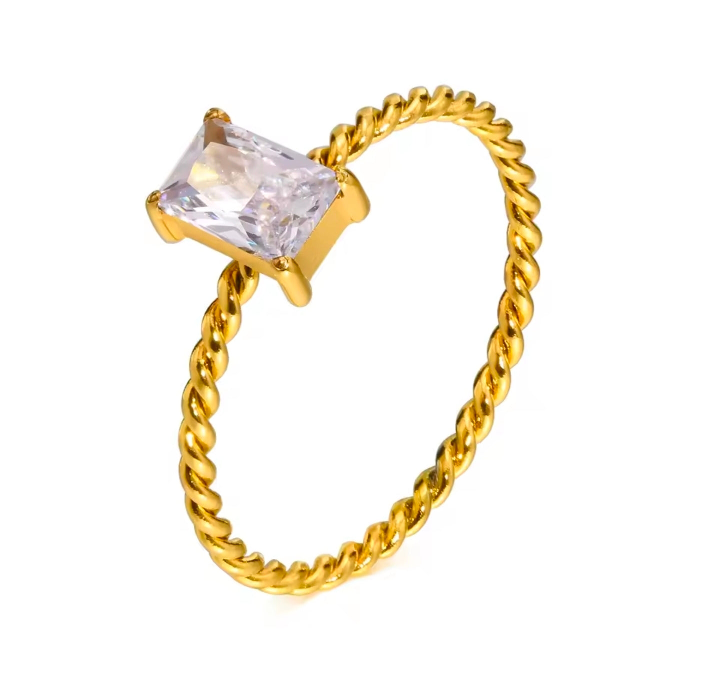 Ατσάλινο δαχτυλίδι micro βέργα στριφτή με στενόμακρο στρας, σε κίτρινο χρυσό, 24112517