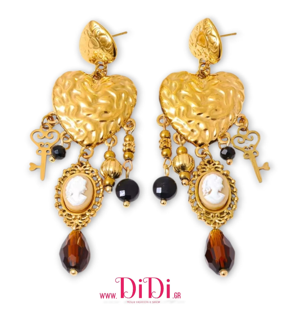 Σκουλαρίκια ατσάλινα καμέο (Cameo) μελί, κίτρινο χρυσό, 21112510