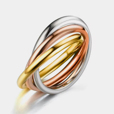 Ατσάλινο δαχτυλίδι micro τριπλή βέργα πομπέ, σε ροζ - κίτρινο χρυσό - ασημί, 29102510