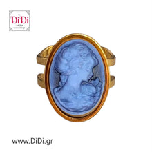 Φόρτωσε την φωτογραφία στο Gallery viewer, Δαχτυλίδι ατσάλινο καμέο 13mm x 18mm, μπλε φιγούρα, κίτρινο χρυσό, 0502262G