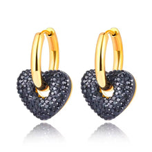 Φόρτωσε την φωτογραφία στο Gallery viewer, Σκουλαρίκια κρίκοι ατσάλινοι  καρδιές με μαύρη πέτρα, σε κίτρινο χρυσό, 0403263B