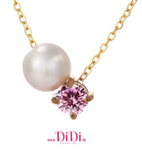 Φόρτωσε την φωτογραφία στο Gallery viewer, Κολιέ ατσάλινο, ροζ ζιργκόν και ακριλική πέρλα, σε κίτρινο χρυσό, 0503266