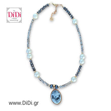 Φόρτωσε την φωτογραφία στο Gallery viewer, Κολιέ ατσάλινο με γυάλινες πέρλες &amp; κρύσταλλα, στοιχείο ατσάλινο με μαύρο καμέο 1,8cm x 2,5cm, σε κίτρινο χρυσό, 1910255