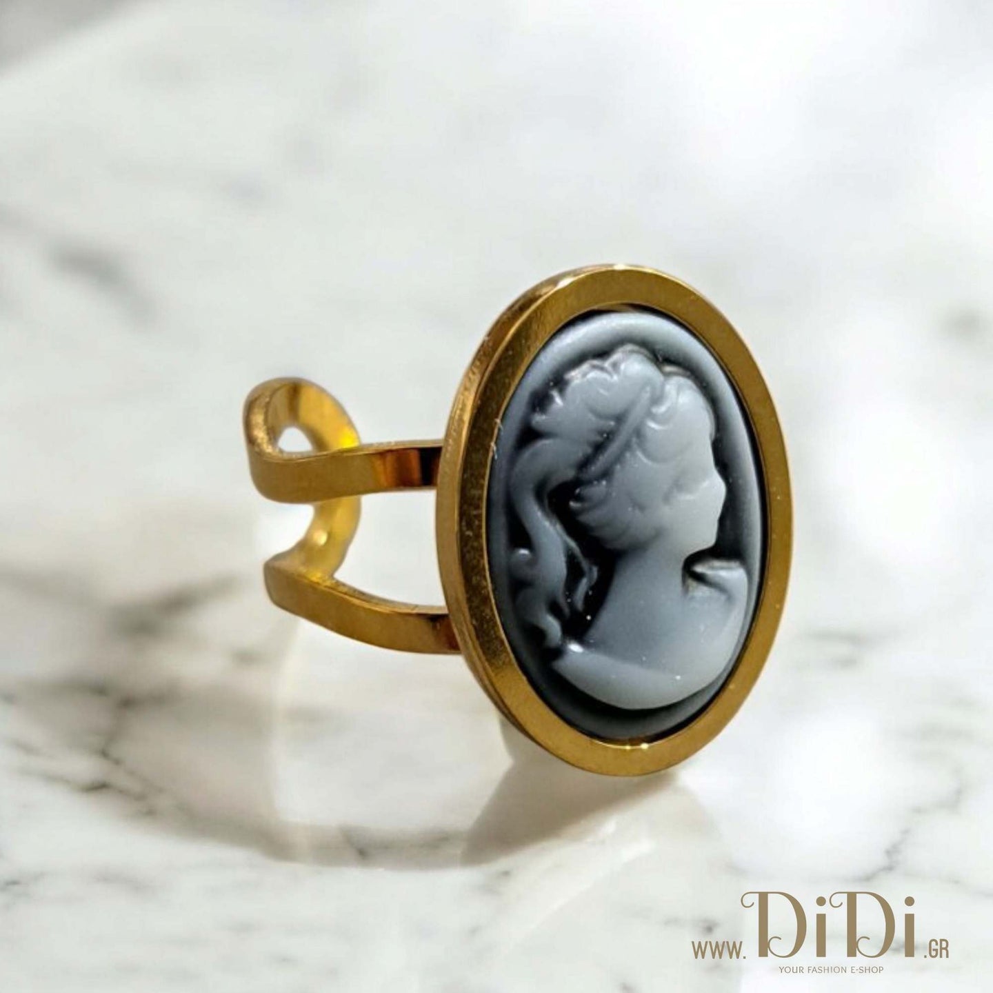 Δαχτυλίδι ατσάλινο καμέο 13mm x 18mm, λευκή γυναικεία φιγούρα, κίτρινο χρυσό, 2305256G