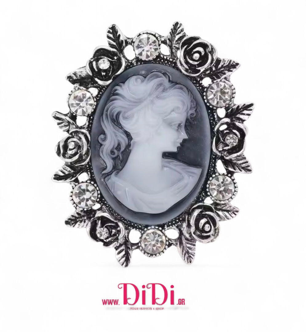 Καρφίτσα Καμέο (Cameo) ρετρό, ασημί με λευκές πέτρες, 2411256