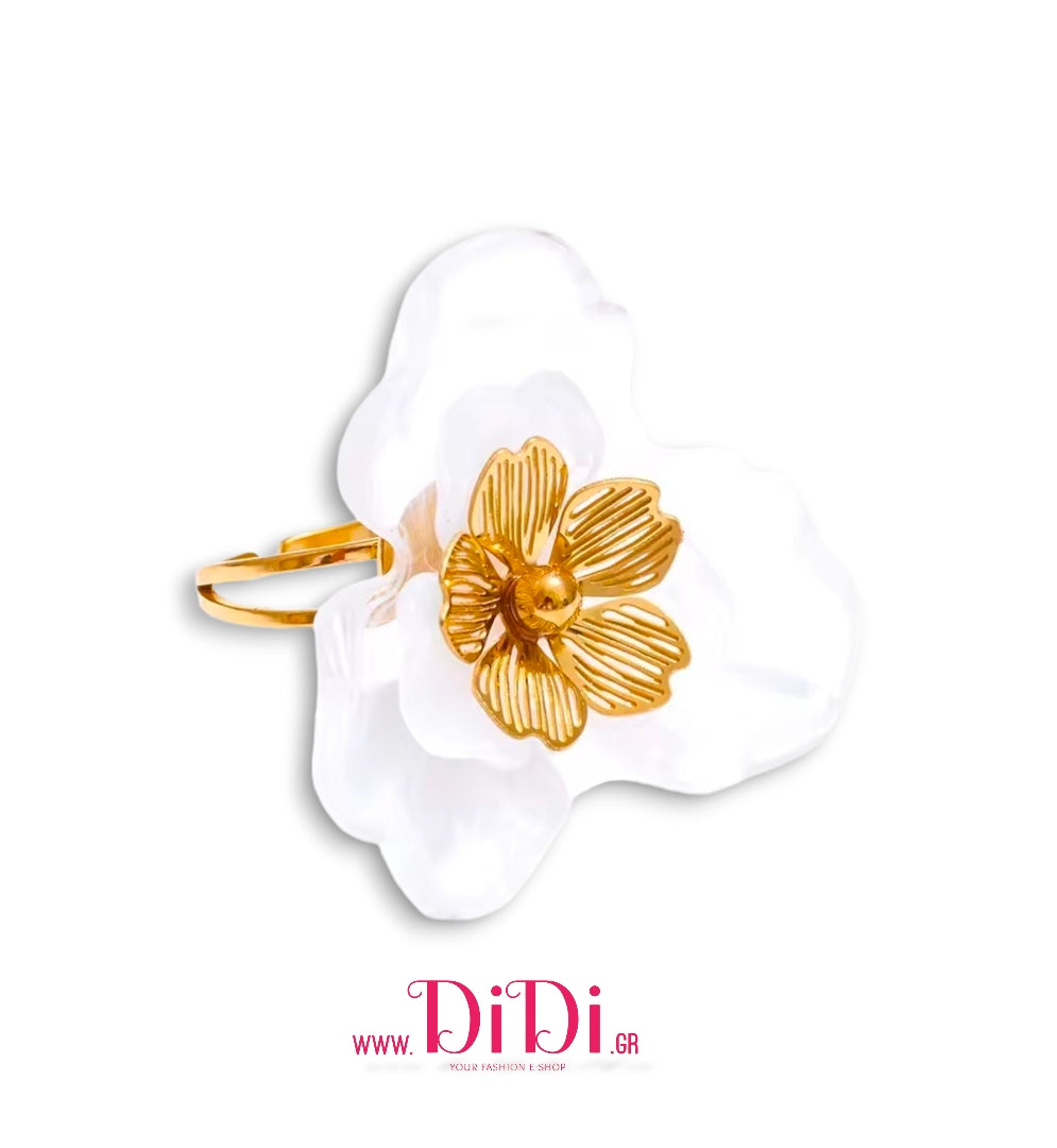 Ατσάλινο δαχτυλίδι με σχέδιο λουλούδι ακριλικό, λευκό, σε κίτρινο χρυσό, 0411256