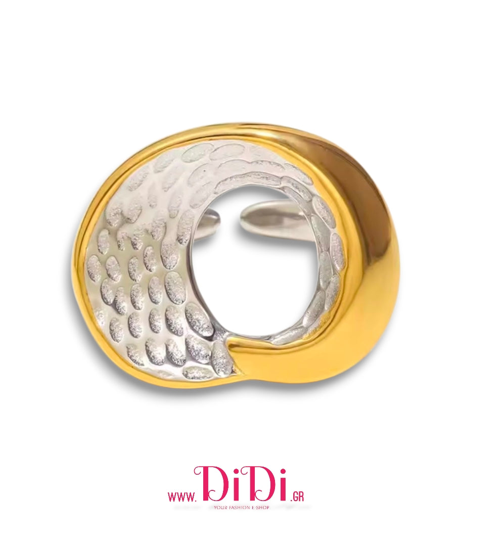 Ατσάλινο δαχτυλίδι μεγάλο, δίχρωμο ασημί - χρυσό, 1911256