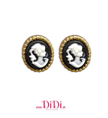 Σκουλαρίκια ατσάλινα καρφάκι, καμέο μαύρο, σε κίτρινο χρυσό, 2710257